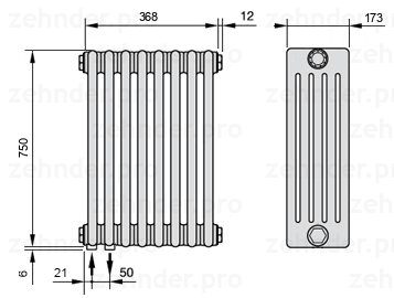 Схема (чертеж) Радиатор Zehnder Charleston 5075/8 №3370 Белый глянцевый RAL 9016